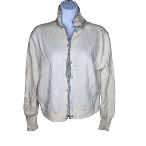 Vintage 50s Dalton Cashmere Cardigan Sweater Womens Size M Ivory Silver Pinup